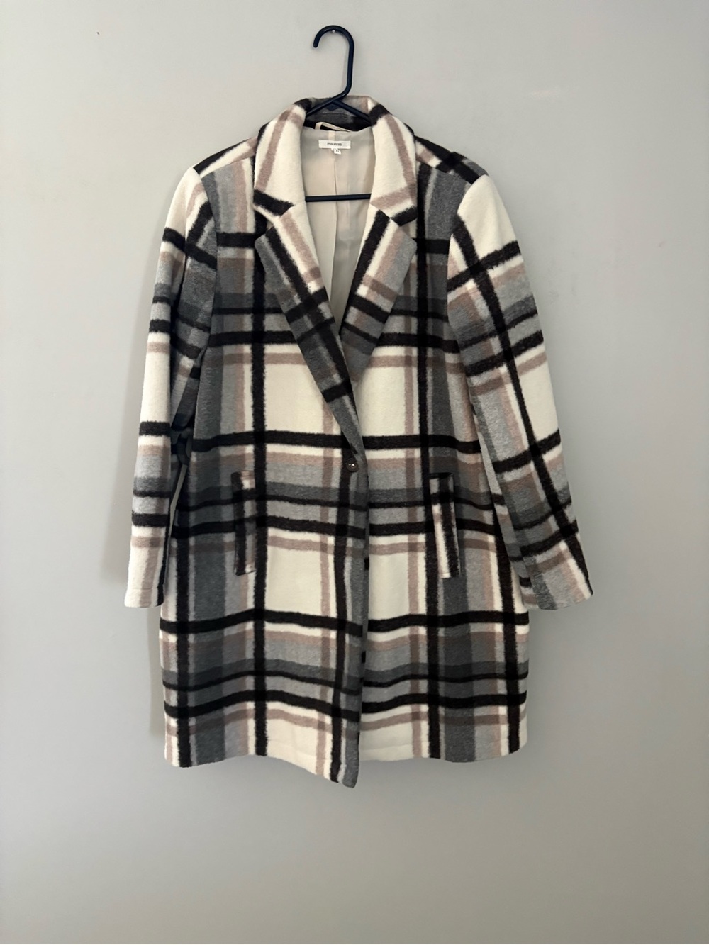 Maurices Plaid Wool-Blend Pea Coat in Cream, Gray & Black